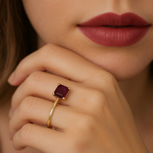 Woman wearing ruby ring