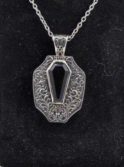 Sterling Silver Coffin Cut Black Onyx Pendant – Ornate Filigree Gothic Necklace